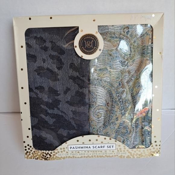 Modern Expressions Set of 2 Pashmina Scarf Set Animal Print Paisley NEW Gift - Picture 1 of 5